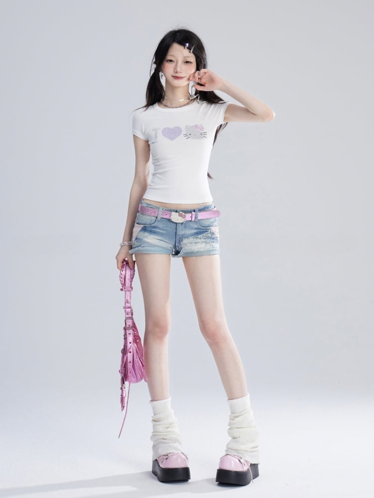 Low Blue Glamorous Y2K Denim Shorts Waist Faded Wash Raw Hem