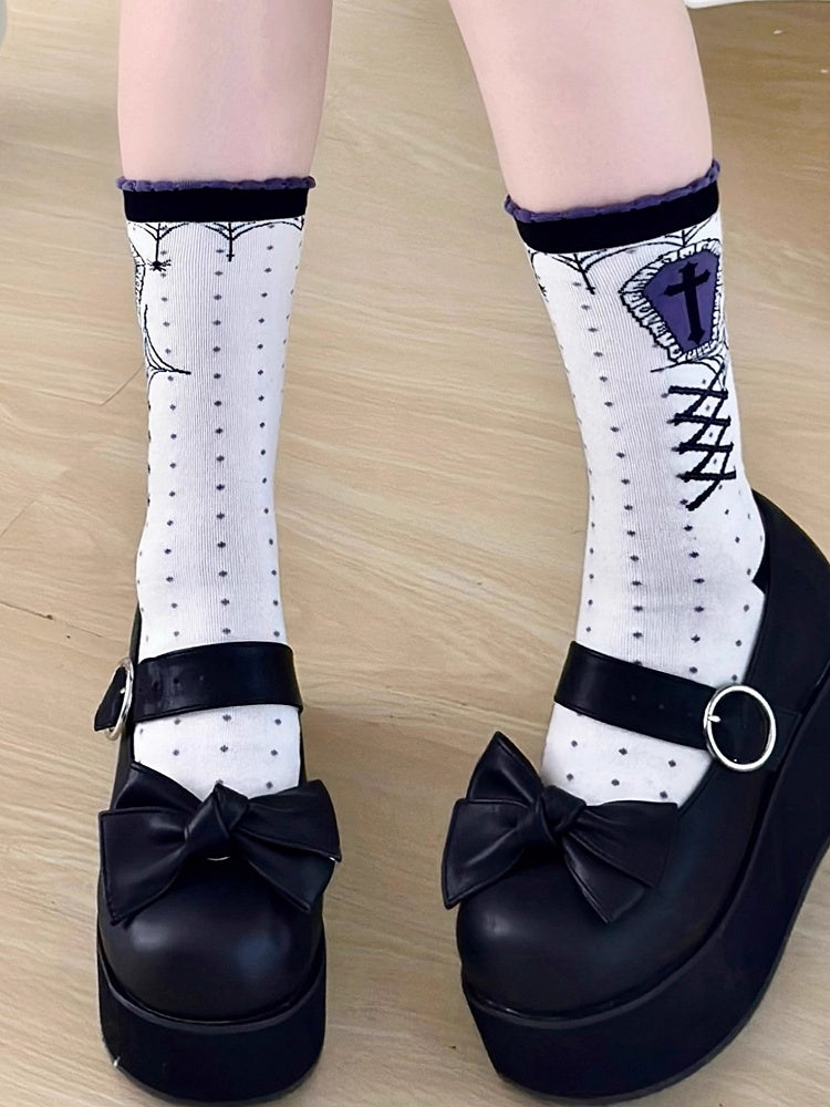 Polka-dot White Pattern Lolita Socks Gothic Calf Purple Cross Print Dark Coffin