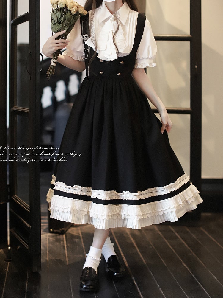 Preppy Style Black High Waist Overall Dress with Beige Lace Trim