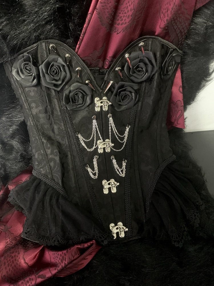 Gothic Black Rosette Studs Chain Embellished Boned Corset