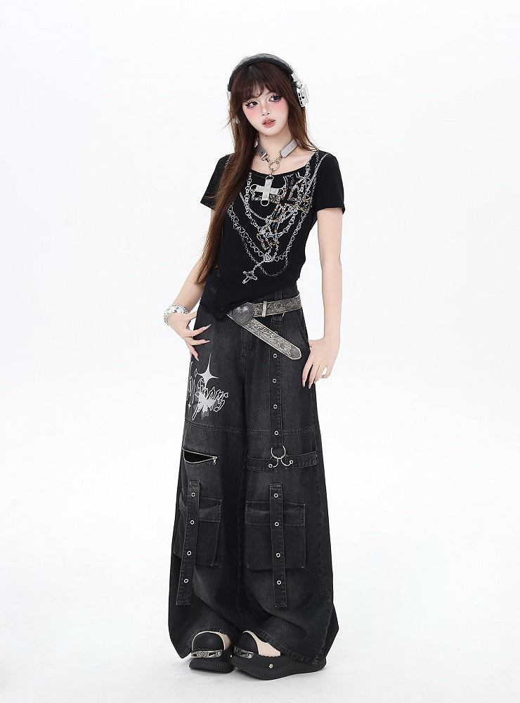 Jeans Black Butterfly Wide-Leg Cargo Print Strap Details Vintage