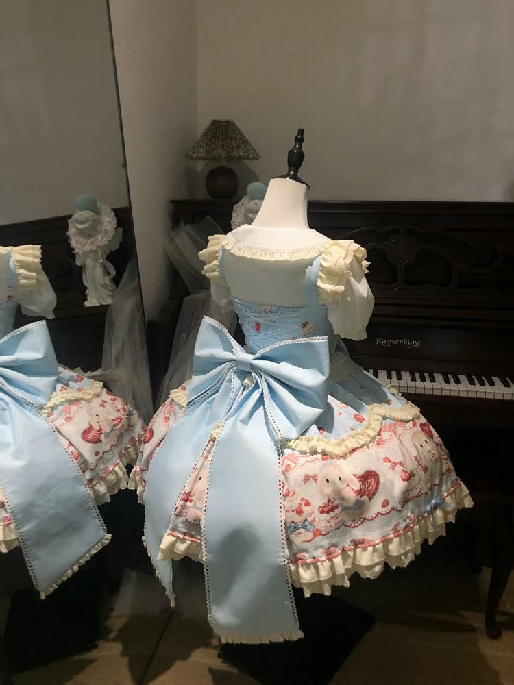 Full JSK / Sweet and Bunny Strawberry Cake Blue Dress Cute Set Lolita Print