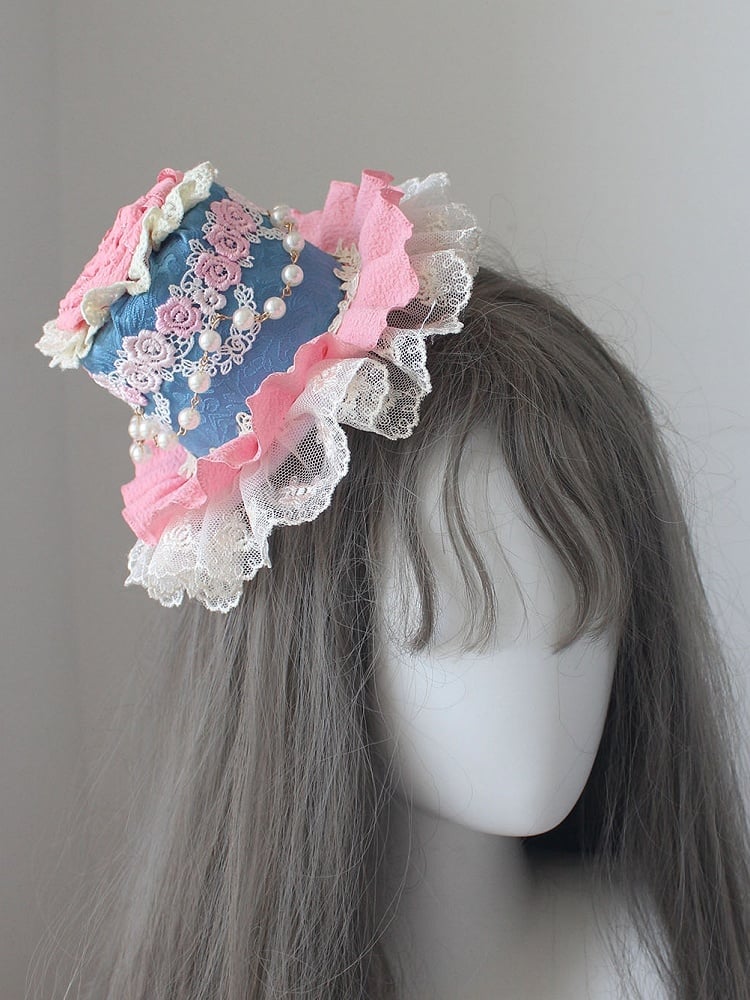 Hut mit Mini-Besatz und Blumenperlen, Blau/Rosa, verzierte Spitze