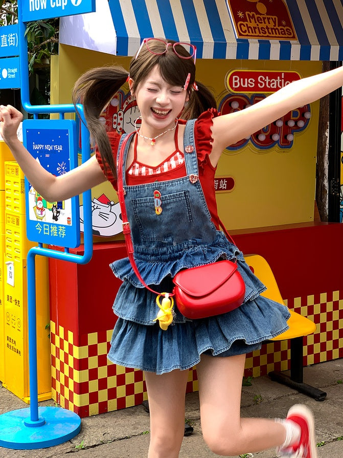 Overalls Lined Blue Tiered Ruffles Distressed Denim Design
