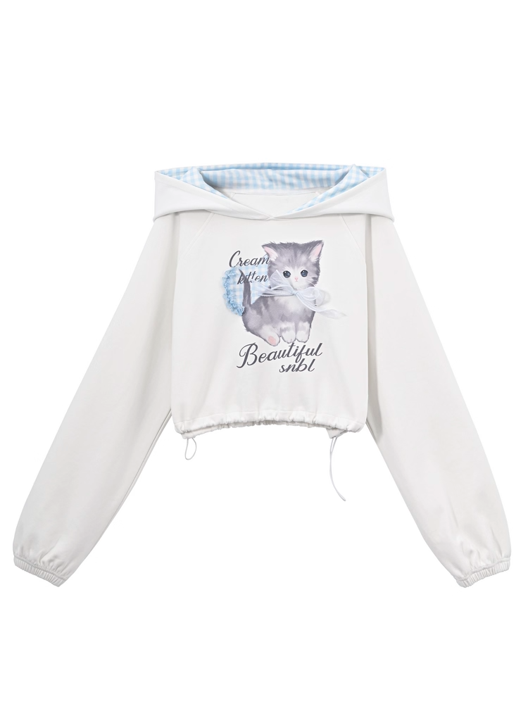 Drucken Kordelzug Saum Blau Hoodie Plaid Entzückende Cartoon Kitty Haube Weiß
