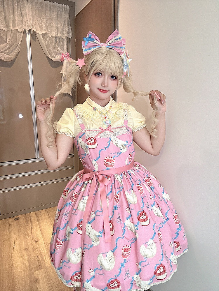 Fluffy Showa Jumper Pink Kitty Cute Lolita Print Sweet Skirt Dress