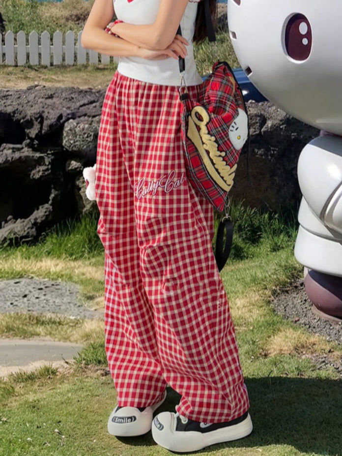 Pants with Kitty Plushie Red Plaid Elastic Waist Wide-Leg Casual