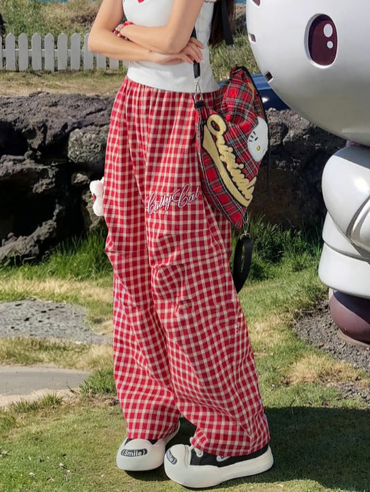 Pants with Kitty Plushie Red Plaid Elastic Waist Wide-Leg Casual