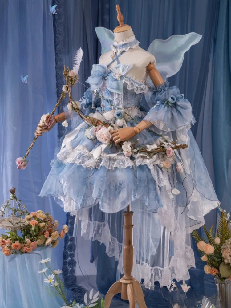 Full Princess Floral Butterfly Set Design Blue JSK Fairycore Lolita Dress