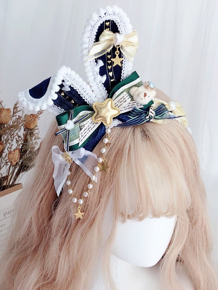 Beaded Bunny Star Green/BlackPink Plushie Bear And Decorated Ears KC Charm