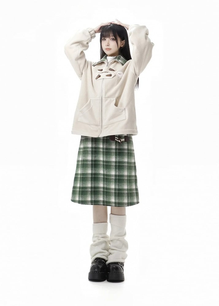 Apricot Horn Button Design Fleece Coat+Pompons Scarf+ Vest