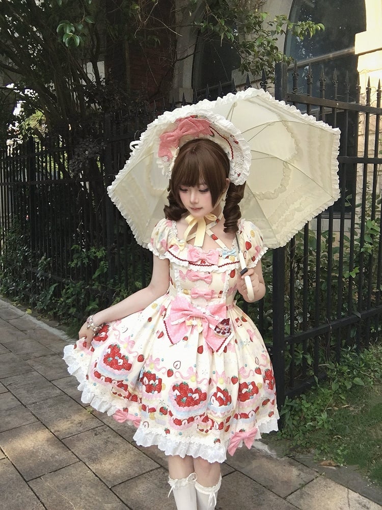 Lolita Short One White Sleeves Piece Sweet Dress Creamy Strawberry Print Cute Cake