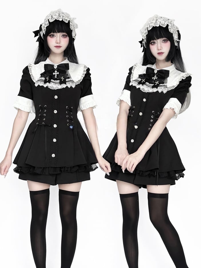 with Style Short Jirai - Sleeve and Bib Kei White Dress Tie Set Black Nun Bow