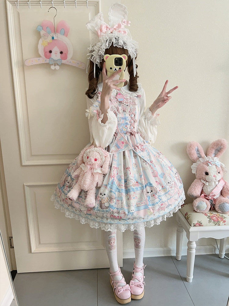 Puppy's Lolita Sweet Print Dress Afternoon with Ribbon Flags Tea