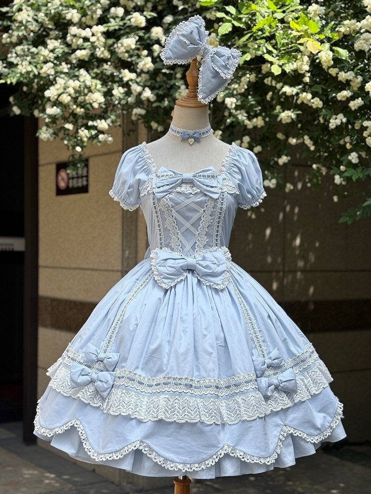 and Short Piece Blue One Neckline Puff Old Lolita School Sleeves Cotton Dress Square