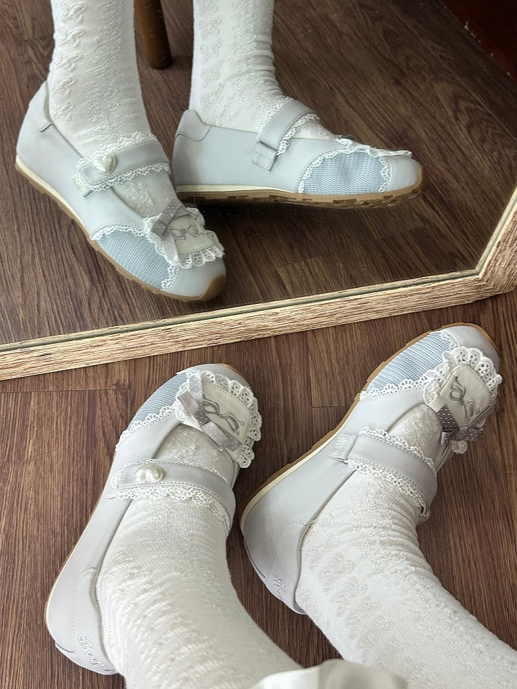 Sneakers Flat with Sweet Bow Lace Edging Gray Decorative Lolita - Velcro Fastening Style