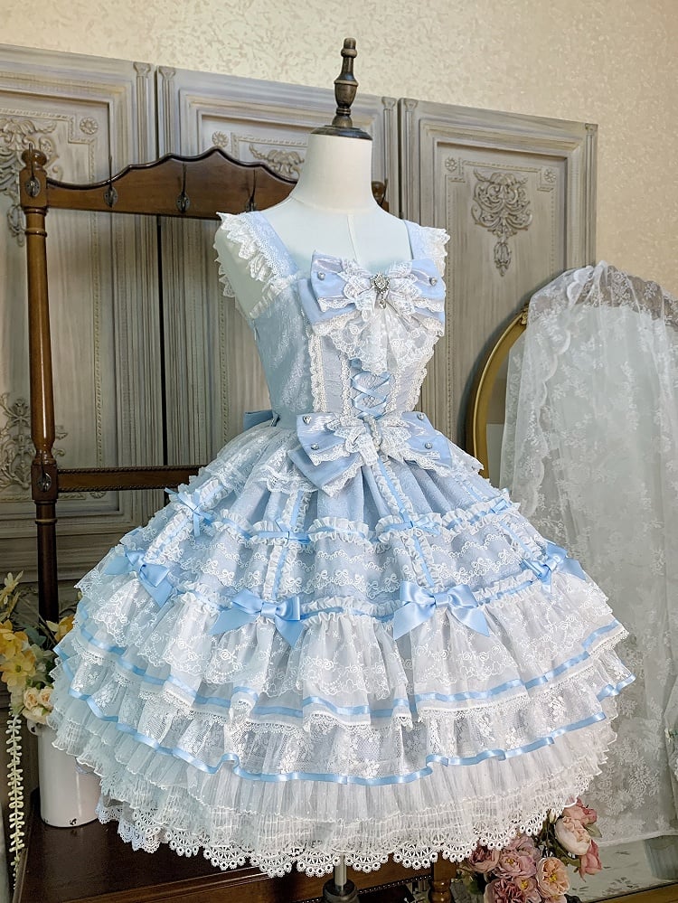Blauer Hanayome Bowknots Lagenrock Sweet Hime Lolita Pulloverrock-Set