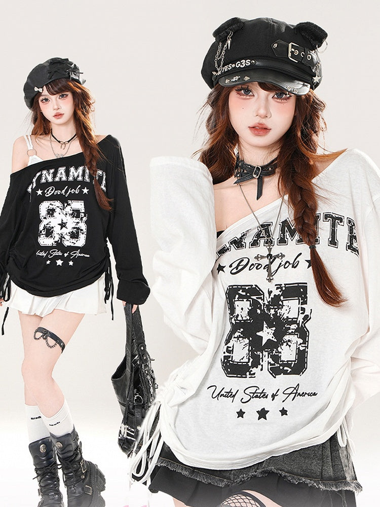 Asymmetrical Neckline Number and Letter Print Drawstring Side