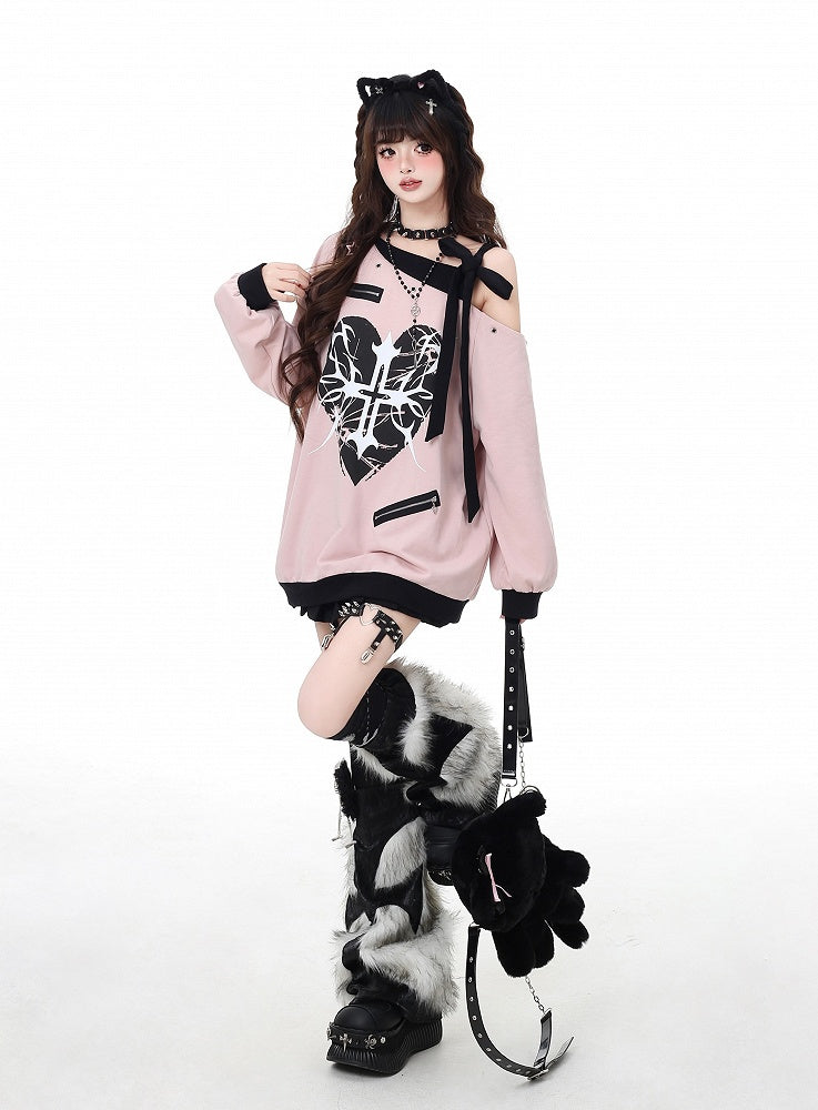 Pink Asymmetrical Neckline Self-tie Strap Heart and Cross Sweatshirt