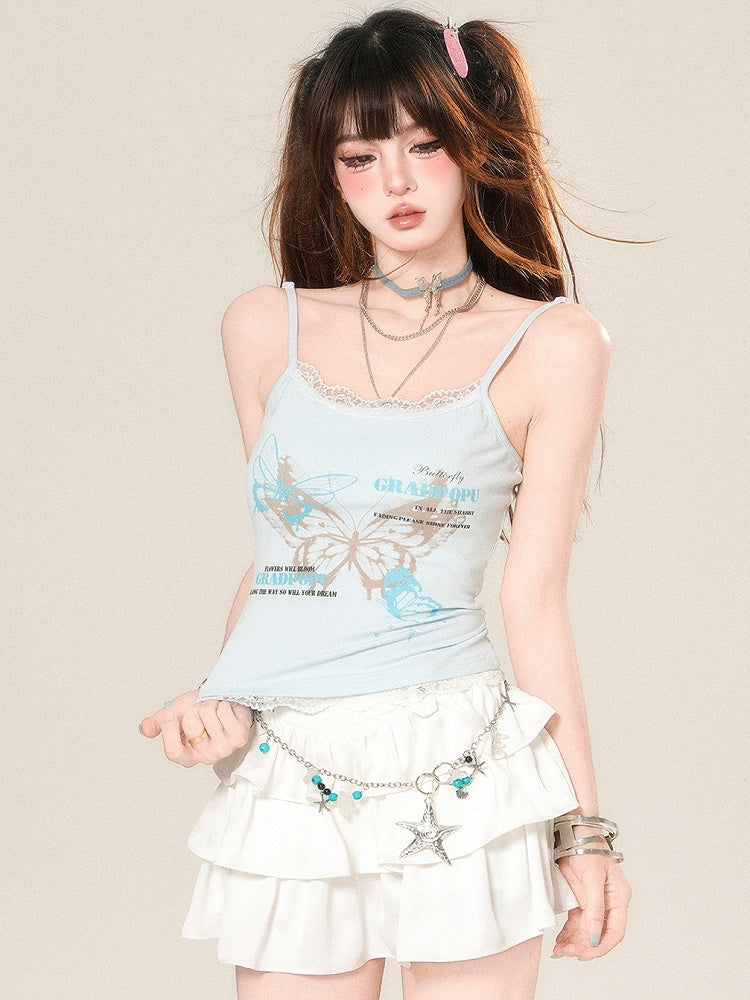 Glamorous Cami And Butterfly Lace Letter Print Top Trim Blue