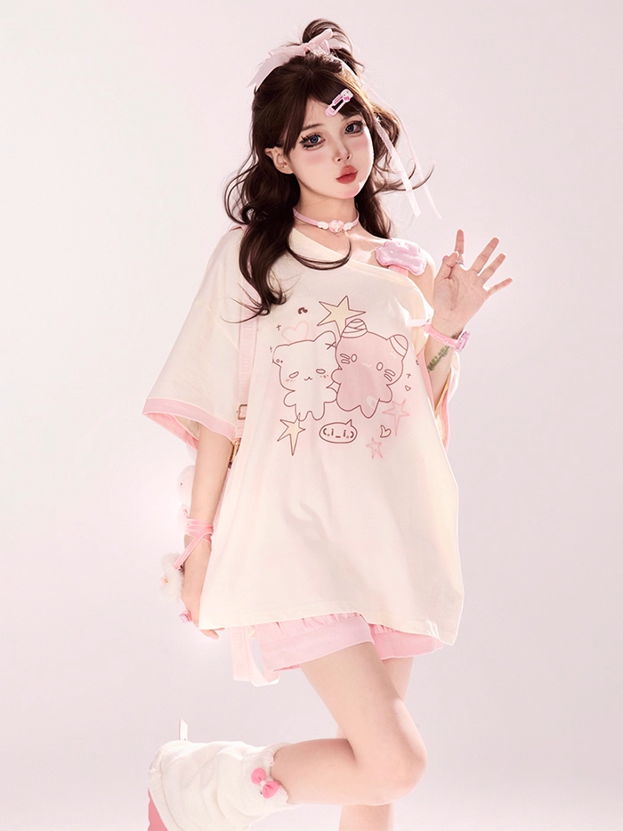Asymmetrical Neckline T-shirt Cartoon Kitty Print Pink/Blue/Black