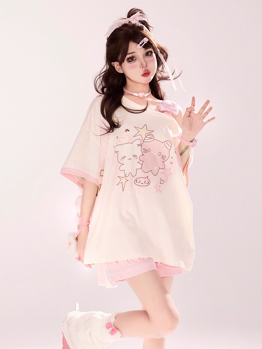 Asymmetrical Neckline T-shirt Cartoon Kitty Print Pink/Blue/Black