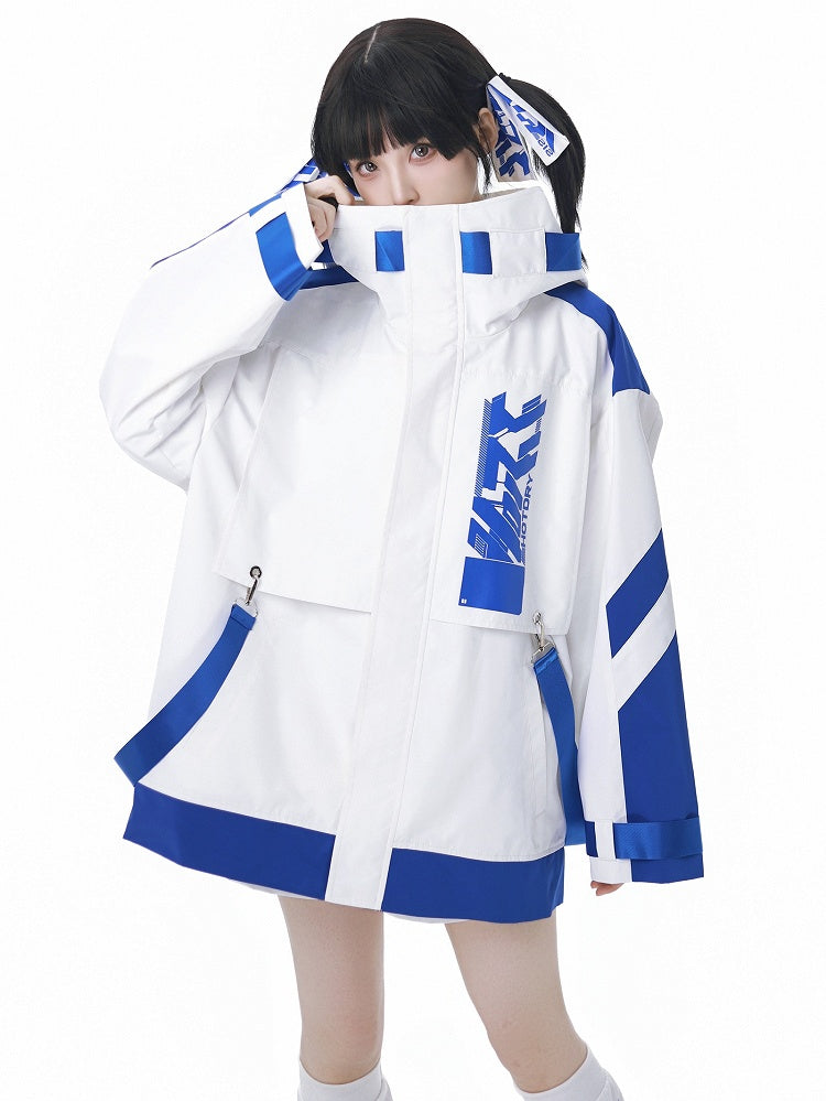 Veste coupe-vent à capuche Jirai Kei Techwear bleu et blanc avec bretelles