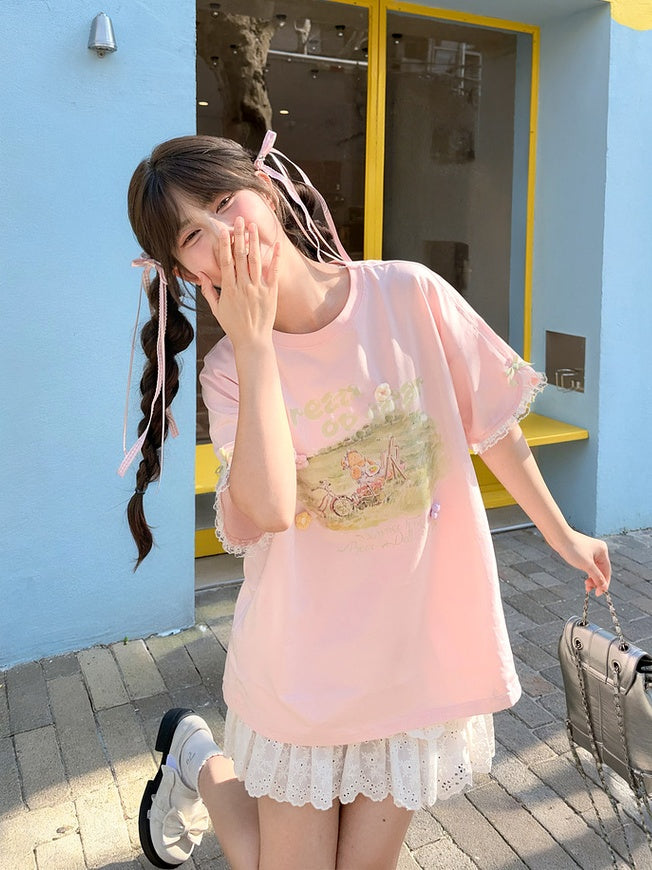 Embroidery Bear Pink Round Neck Oil Painting Letter Print Sweet T-Shirt