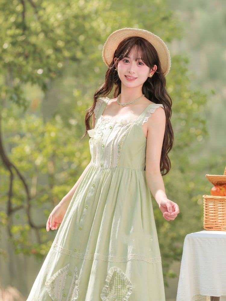 Mori Kei Green Floral Applique Sleeveless Dress