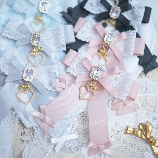 Beaded Heart Charm Jirai Kei Lace Bow Hairclips Dusty Blue/Dusty Pink/Blue/Black