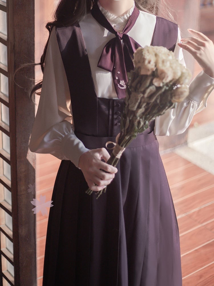 Purple Embroidery Floral Dusty in with High Waist Box Pleat Overall Dress