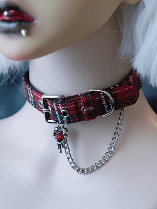 Plaid And Heart Pendant Chain RedGreen Choker Gothic Rhinestone