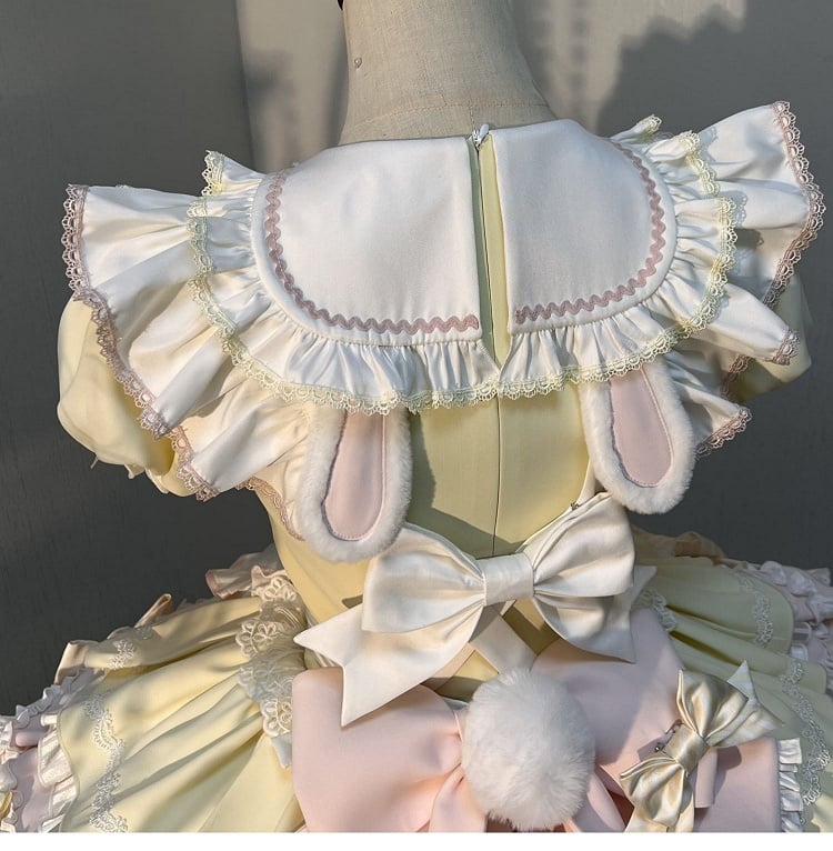 Theme Pink Yellow and Sleeves Puff Lolita Maid Sweet Bunny Dress