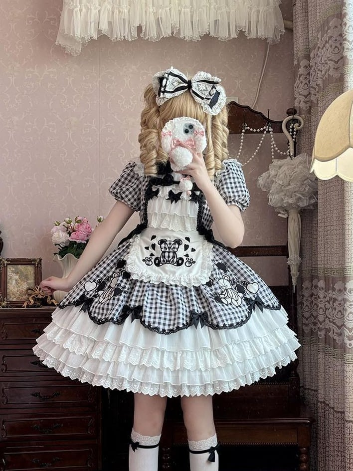 Sleeves Black White Plaid Bear Lolita Dress Skirt Puff Tiered Embroidery OP