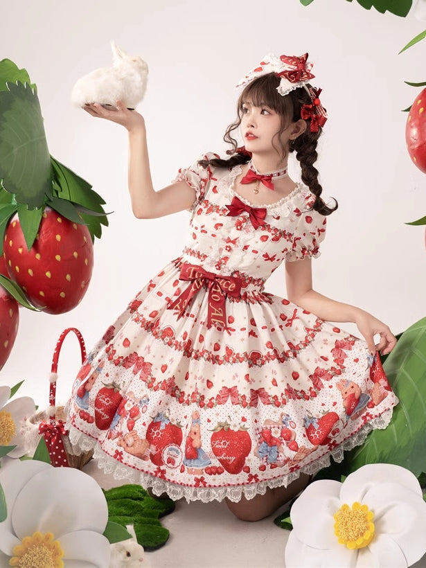 春のイチゴとウサギのプリントレーストリムリボンアクセントベージュスイートドレスロリータワンピース