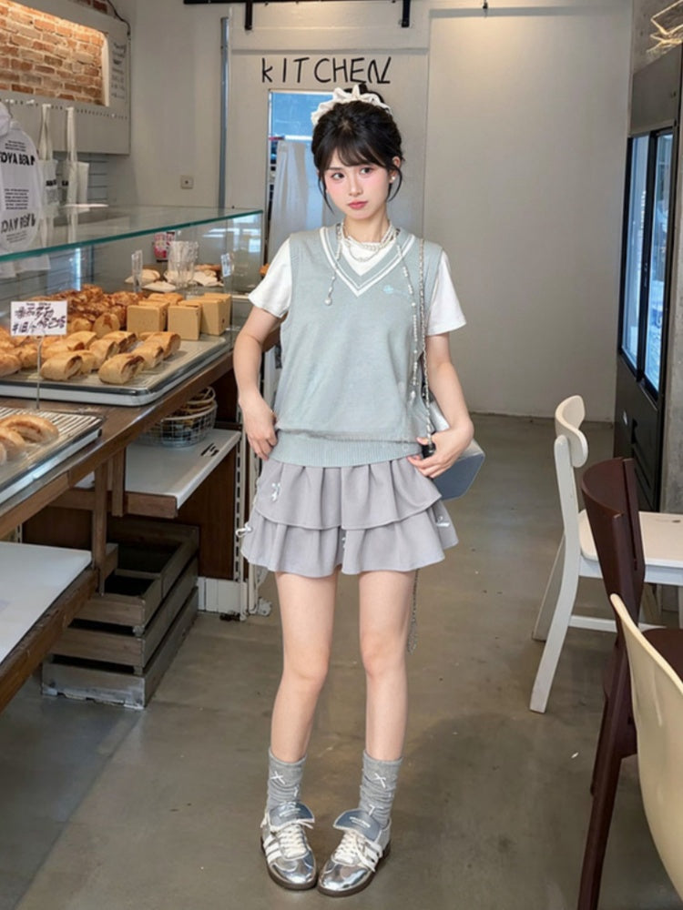 Green V-Neck Preppy JK Uniform Knitted Vest Light