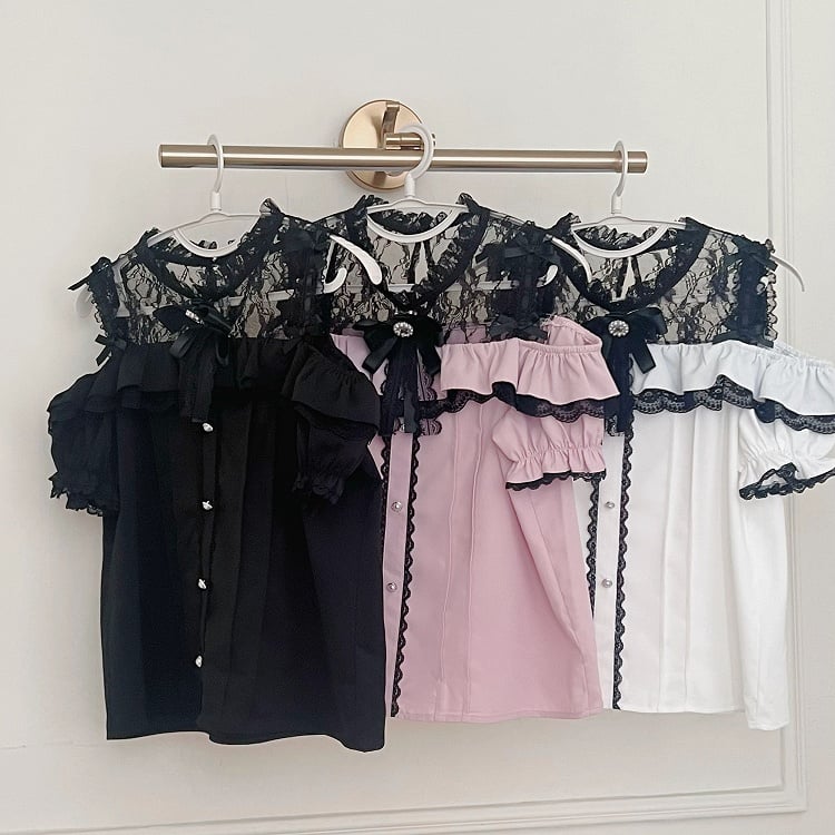 Jirai Kei Weiße Bluse Schwarzer Ausschnitt mit Schulteröffnung Illusion