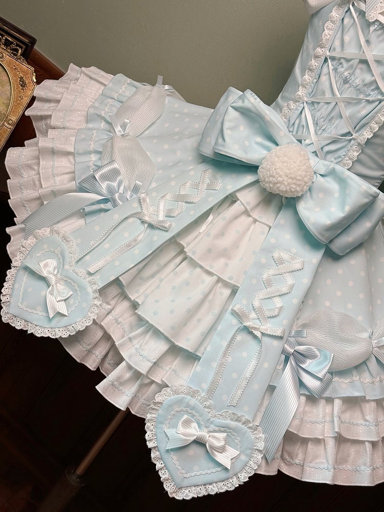 Gepunktetes blaues Lolita-Kleid mit altem Neckholder und Schulärmeln, vielseitiges Polka-Kleid mit Puffärmeln