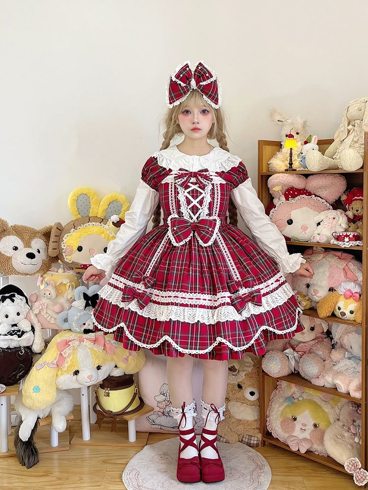 mit Lolita-Scalloped und Puff Trim Schleife Akzente süße Plaid Rand Ärmel rot