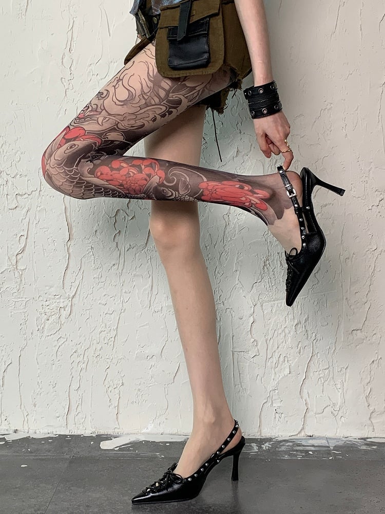 Design Fashion Asymmetrical Gyaru Tattoo Tights Nude Print Fish