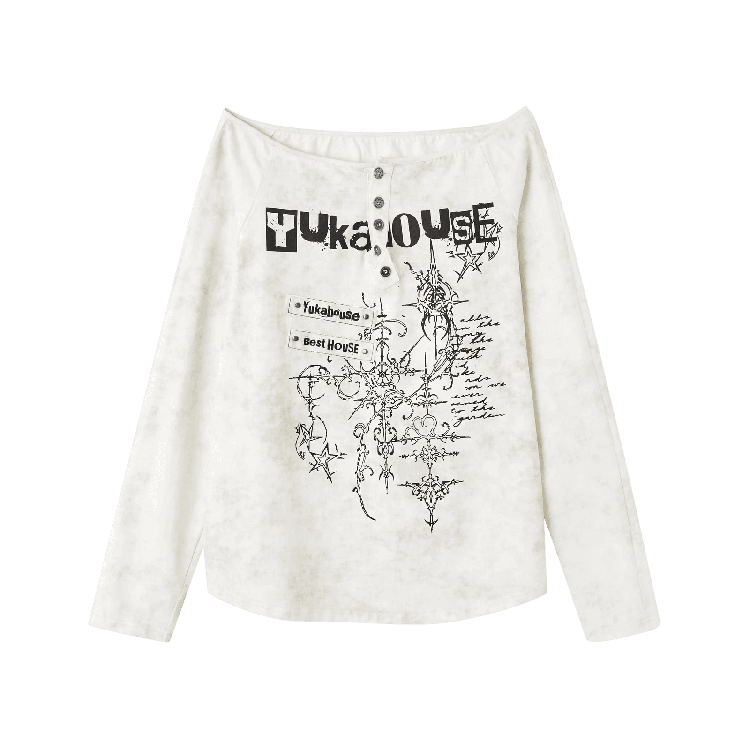 Apricot Off-the-shoulder Graphic Neckline Cotton Top Distressed