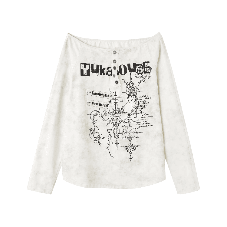 Apricot Off-the-shoulder Graphic Cotton Top Distressed Neckline