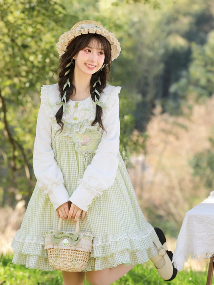 Green and White Plaid Ruffle Hem Overalls Mori Kei Dress