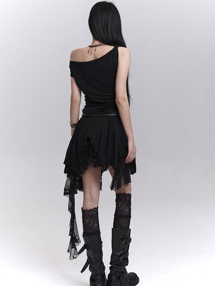 Patchwork Black Lace Cascading Ruffles Skirt