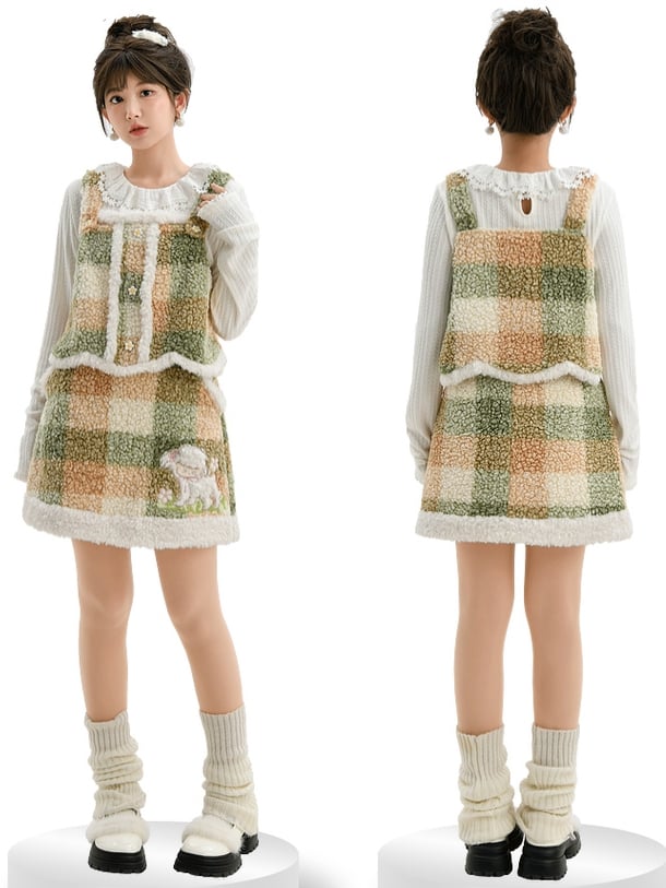 Gilet polaire à carreaux avec détails floraux verts et boutons