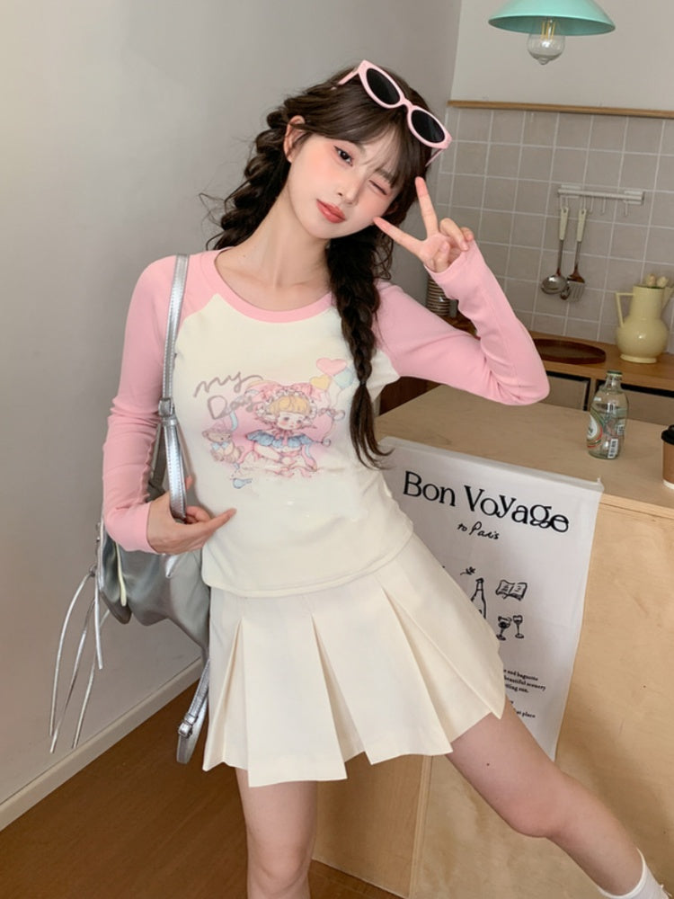Top and Pink Slim-fitting Cartoon Girl Print Apricot Colorblock Design