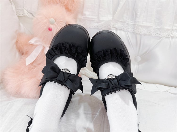 Black Bowknot Lace Strap Jirai Kei Velcro Trim Closures Platforms