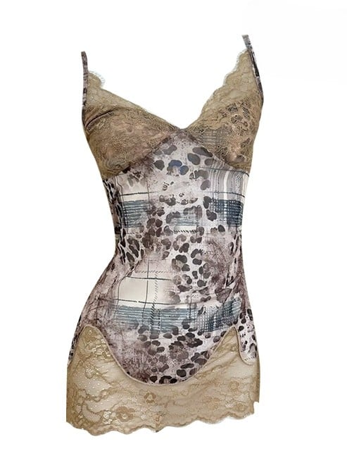 Trim Leopard Pattern Cami Top Y2K V-neck Patches + Contrast Brown Lace