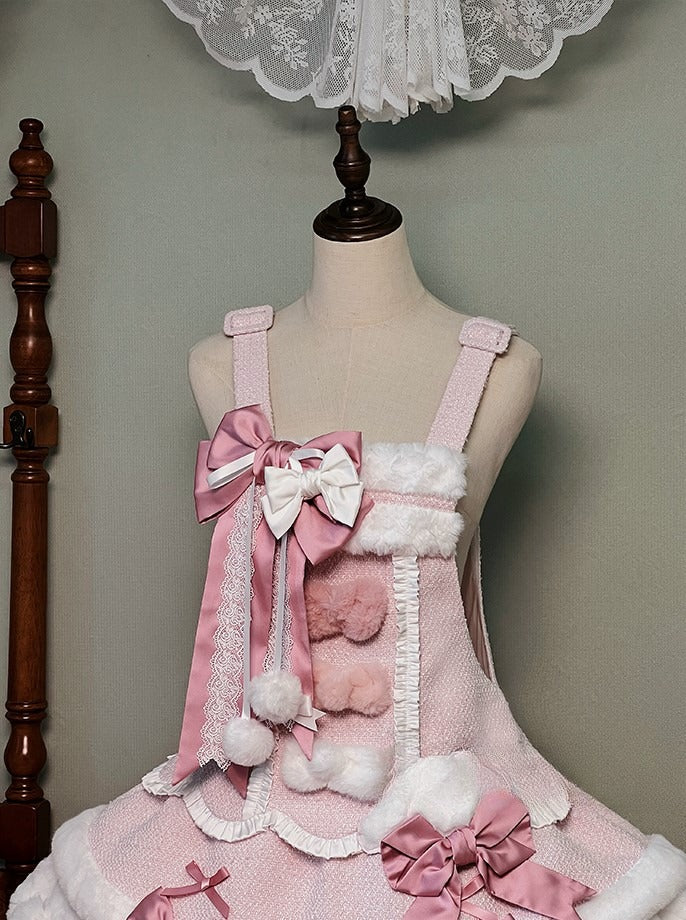 Pom-poms Pink with Lolita Overalls Trim Scalloped Sweet Dress White Bowknots Edge and