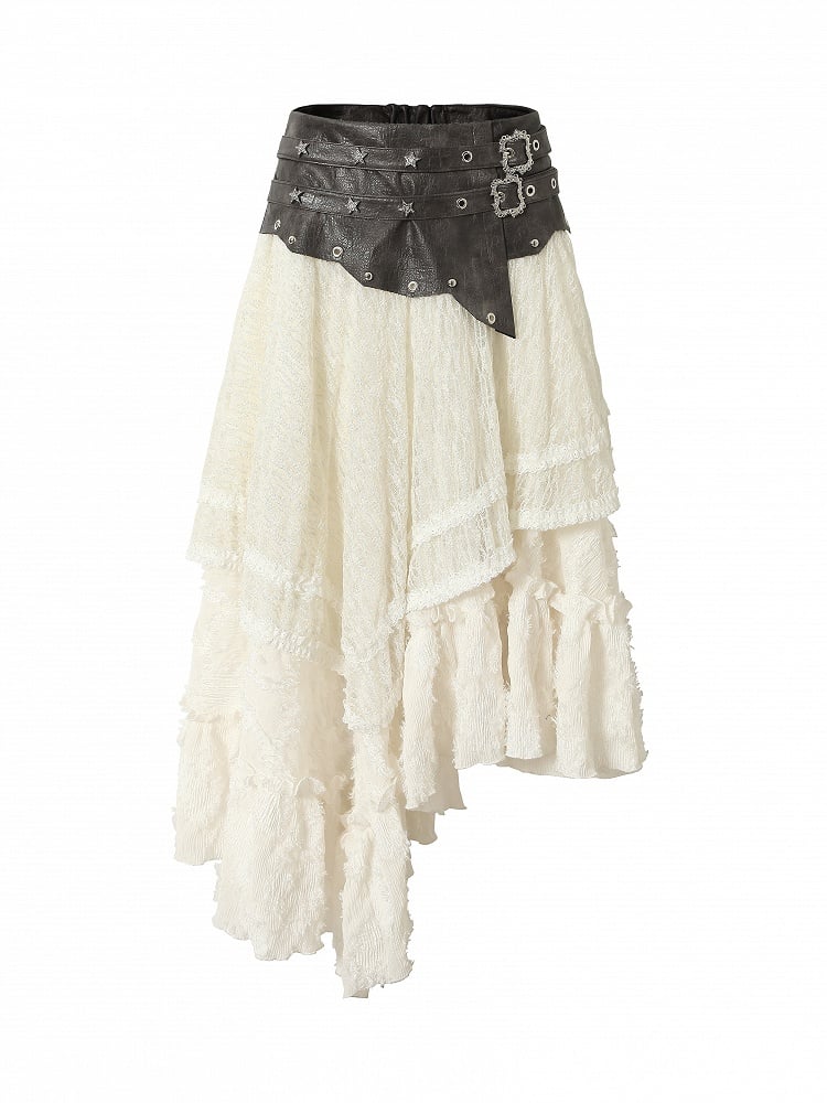 PU Lace Tiered Corset Hem Asymmetrical Convertible Dress/Skirt: Brown with White Strapless 2-in-1 Studded